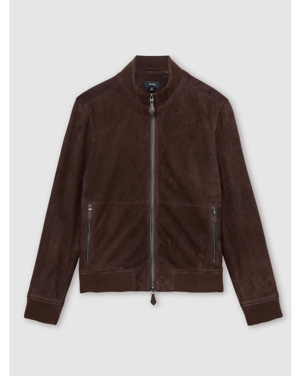 Reiss Brown Suede Zip-Through Funnel-Neck Jacket for men
