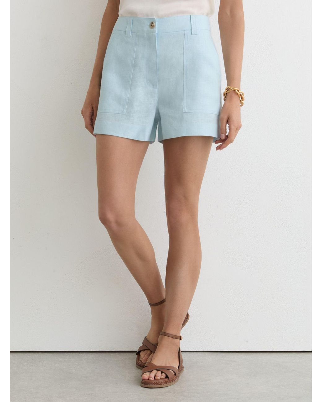 Reiss White Ashby - Light Blue Linen Chambray Shorts, Us 14 Regular