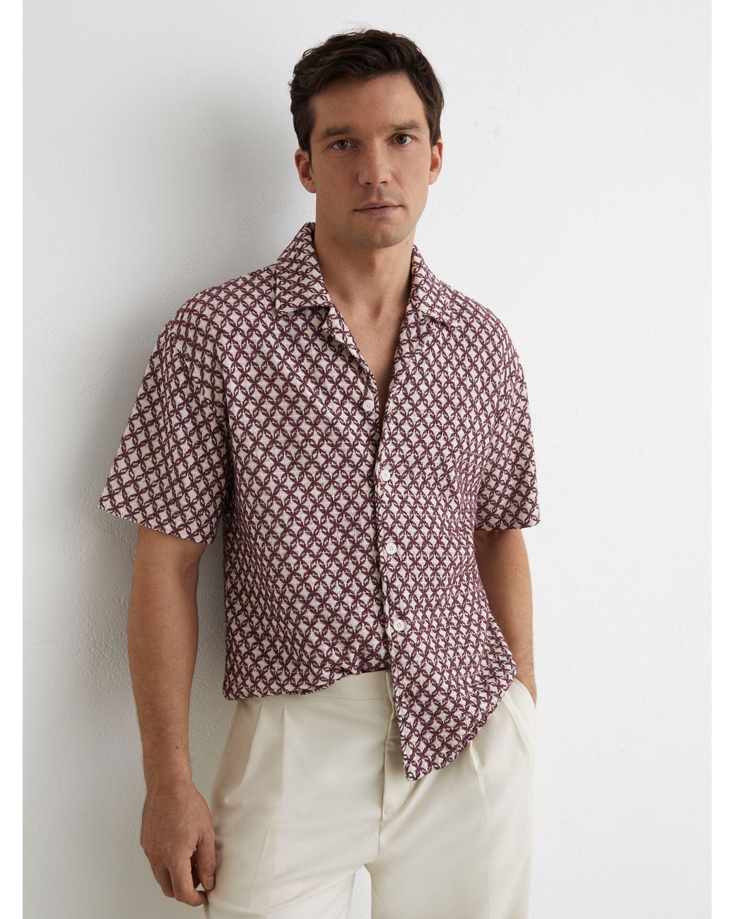 Reiss Brown Cotton-Blend Embroidered Crochet Shirt for men