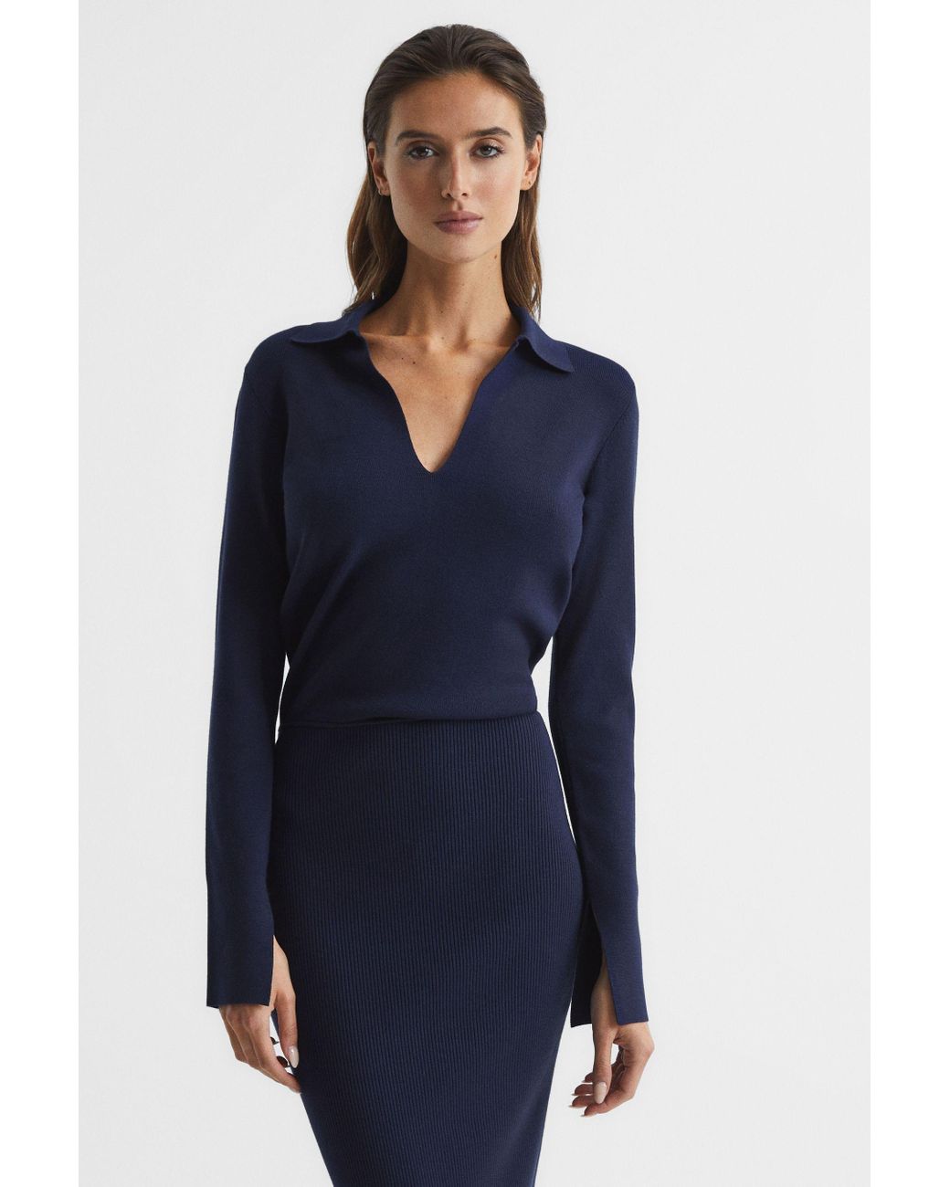 reiss elaina collared knit dress REISS Elaina Rib-Knitted Midi Dress