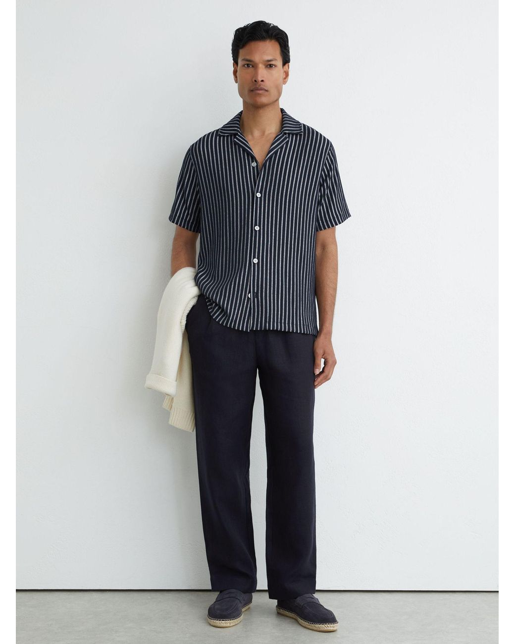 Reiss Blue Textured Stripe Cuban-Collar Shirt for men