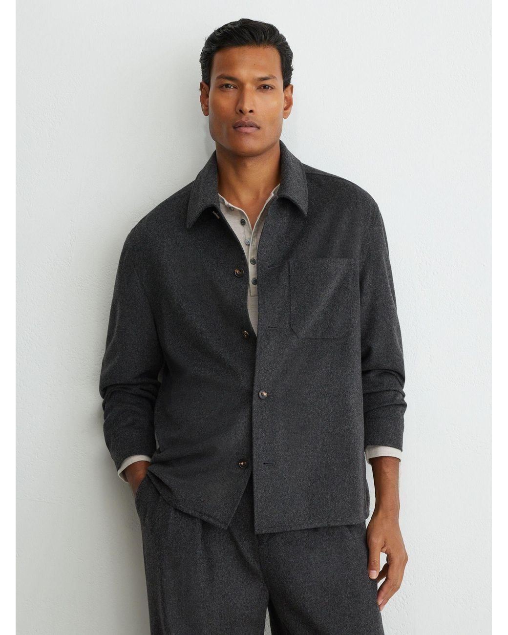 Reiss Gray Collin - Charcoal Grey Brushed Wool-blend Patch-pocket Overshirt, L for men