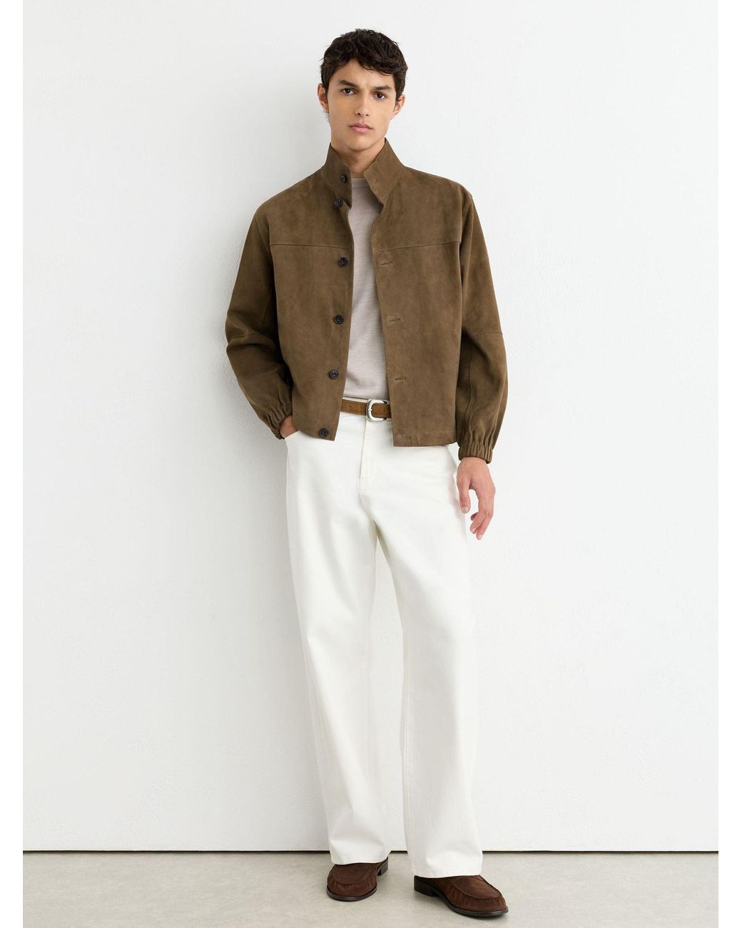 Reiss Brown Suede Stand-Collar Button-Through Jacket for men