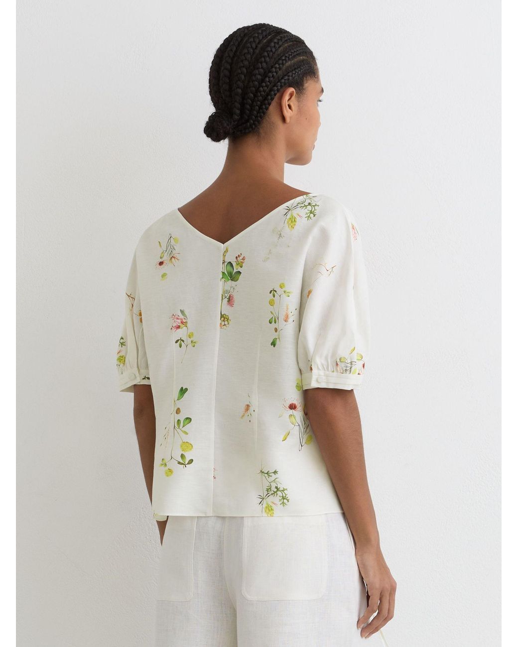 Reiss White Linen-Blend Floral-Print Top