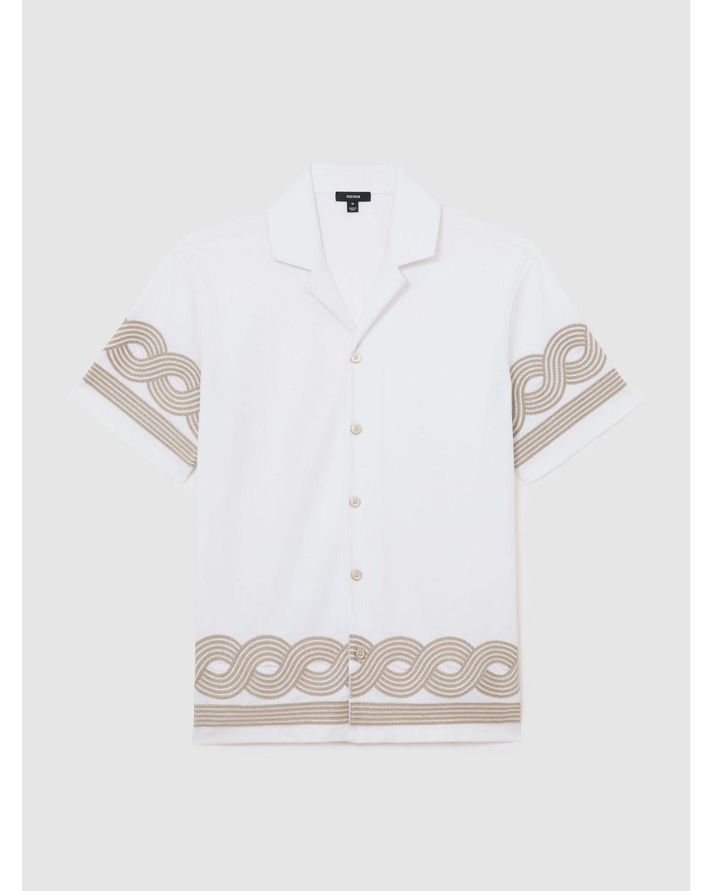 Reiss White Cotton-Blend Embroidered Cuban-Collar Shirt for men