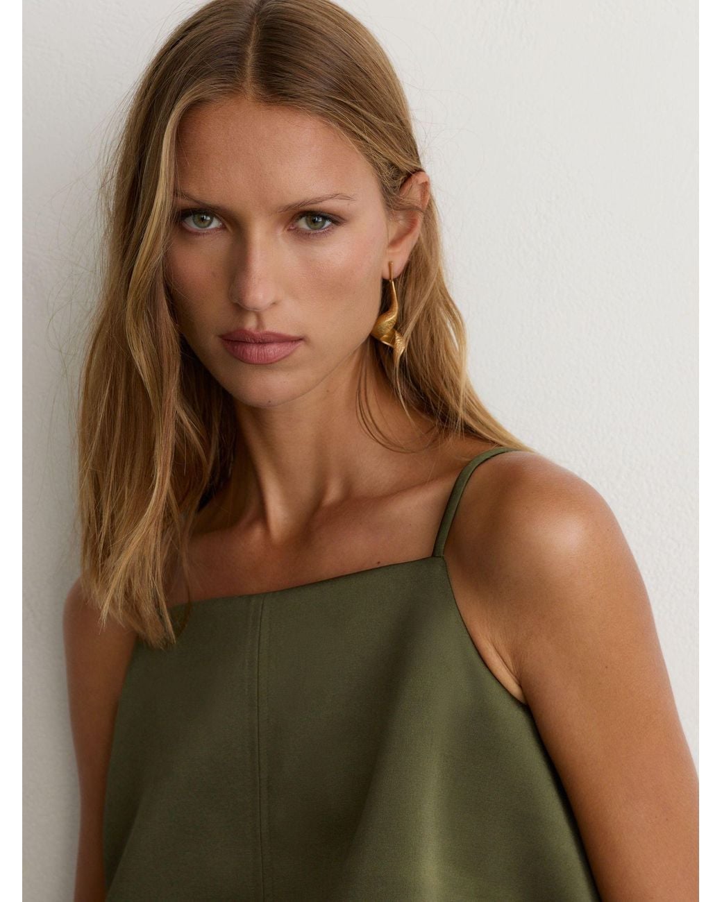 Reiss Green Satin Structured Drape-Back Top