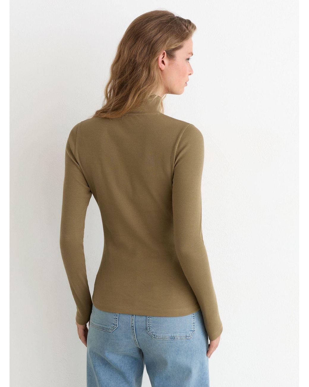 Reiss Blue Ida - Khaki Green Cotton-stretch Funnel-neck Top, Xl (us 16-18)