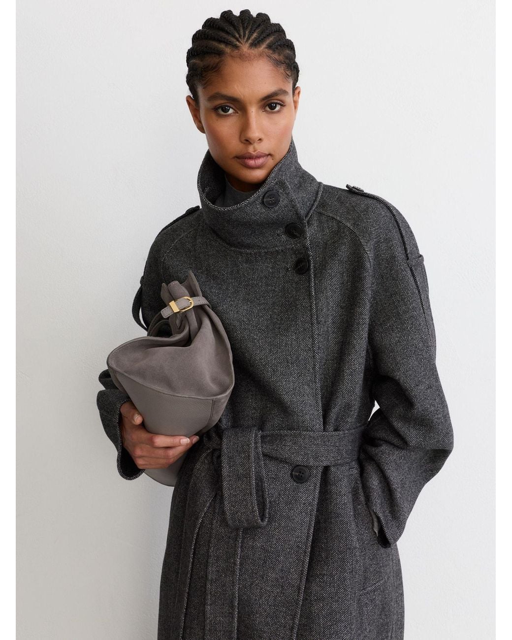 Reiss Gray Wool-Blend Herringbone Long Trench Coat