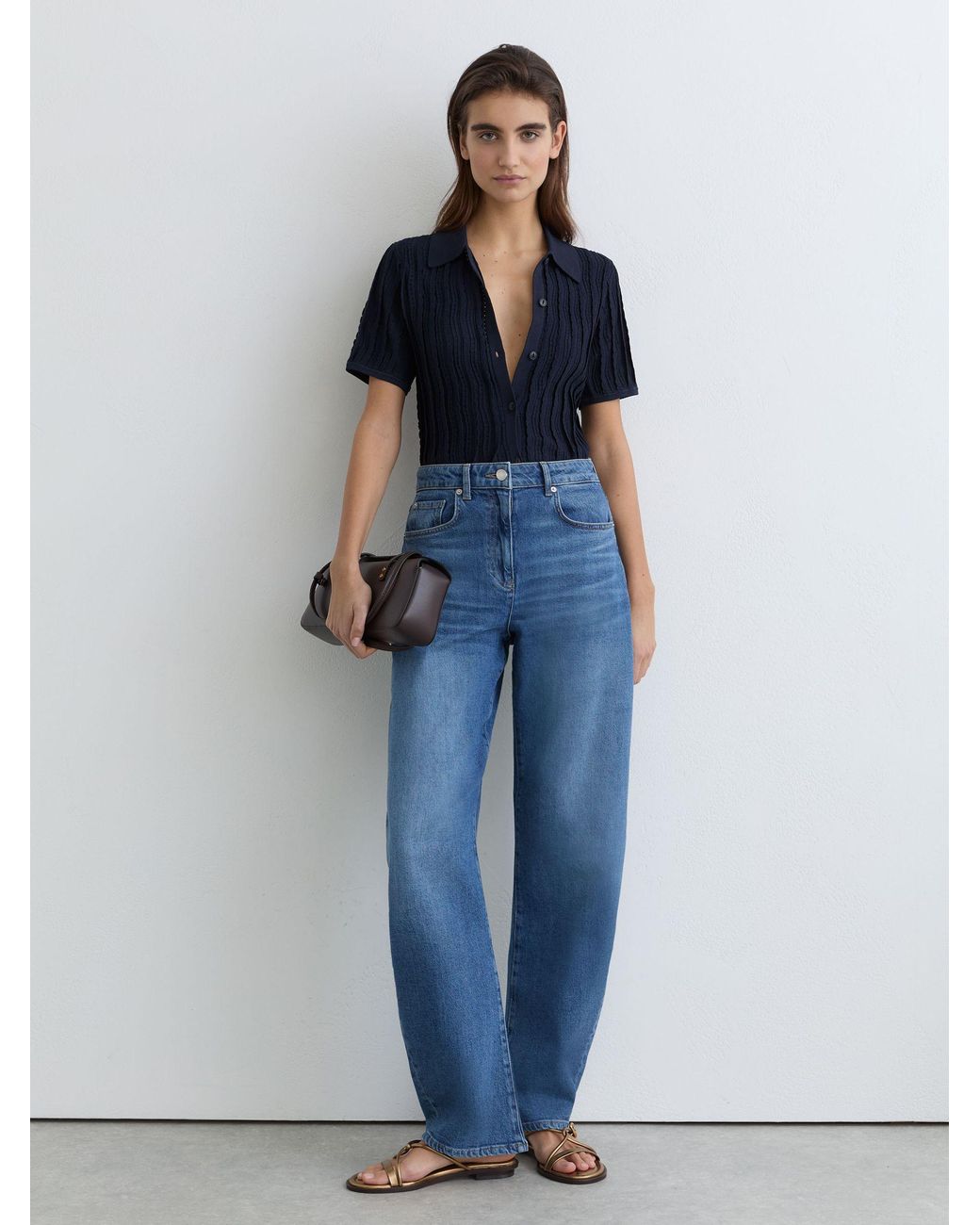 Reiss Blue Stitch-Detail Short-Sleeve Knitted Shirt