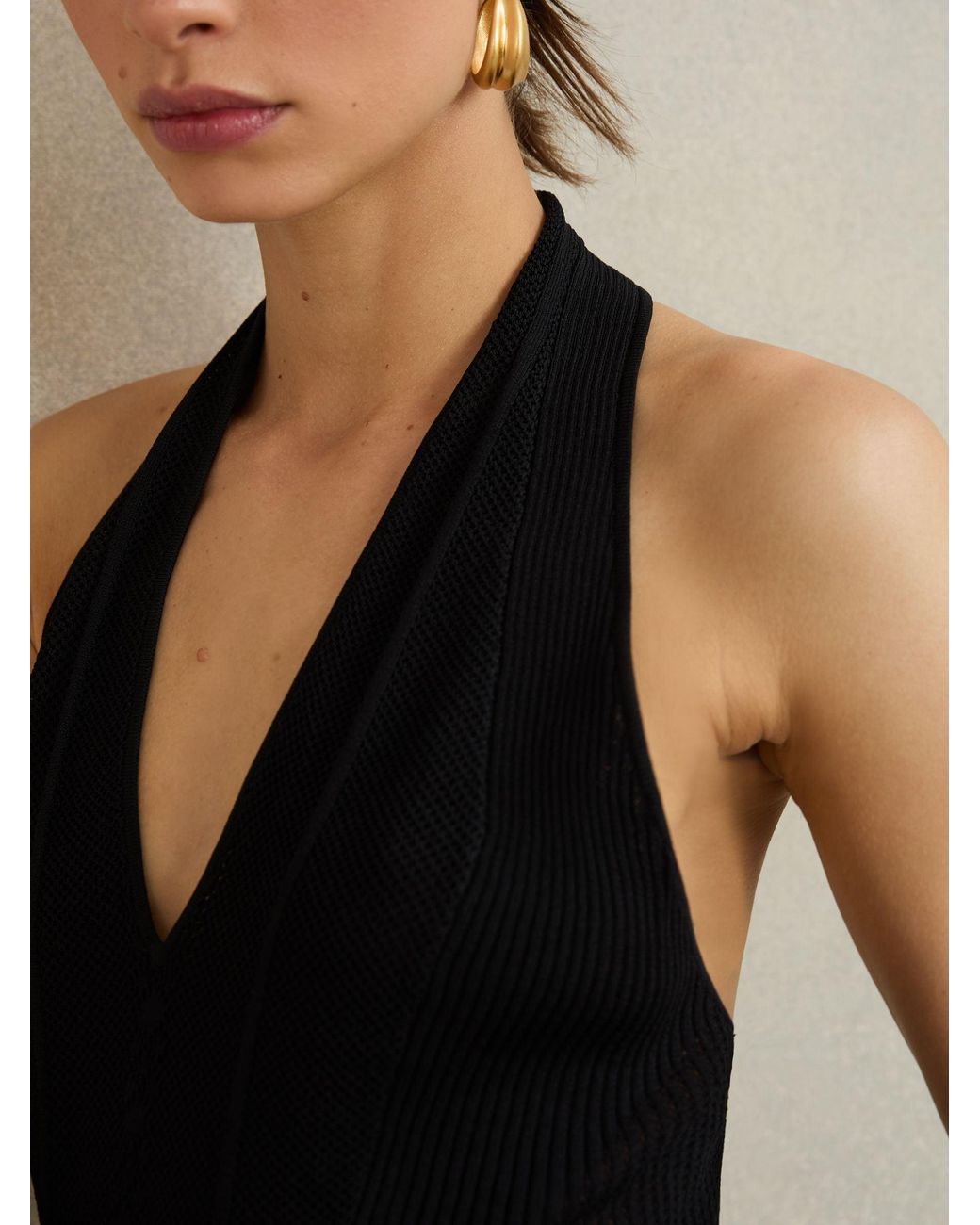 Reiss Black Atelier Stitch-Detail Halter Bodysuit