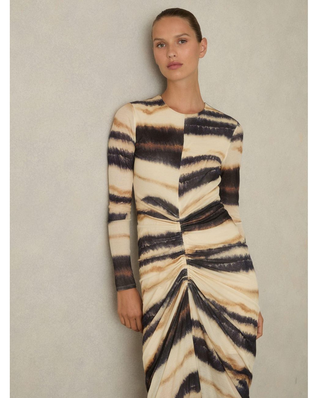 Reiss Natural Georgia Dress Lyocell Abstract Print, Neutral