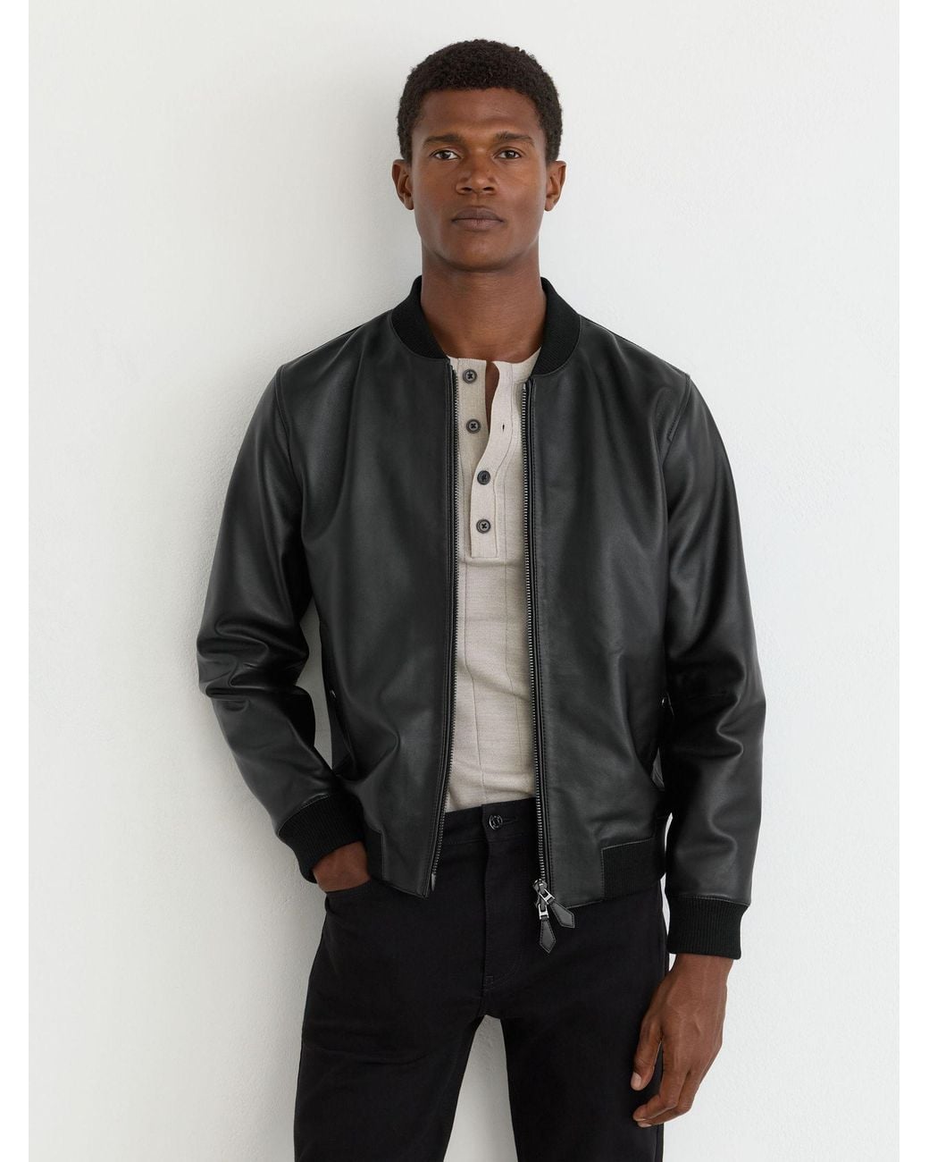 Reiss Gray Leather Bomber Jacket for men