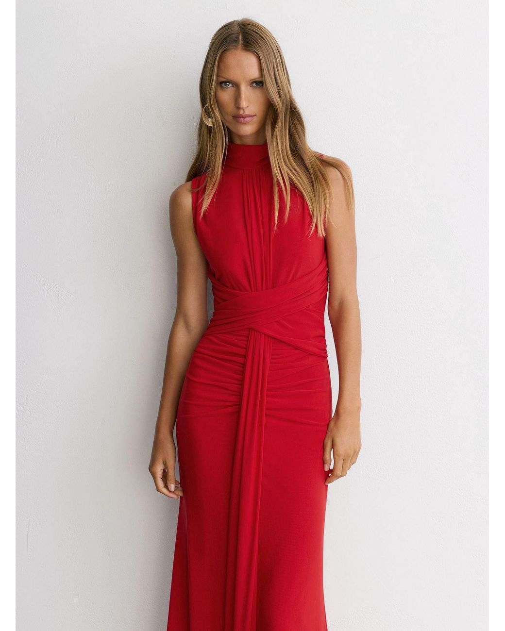 Reiss Red Petite Sheer Ruched Sleeveless Maxi Dress