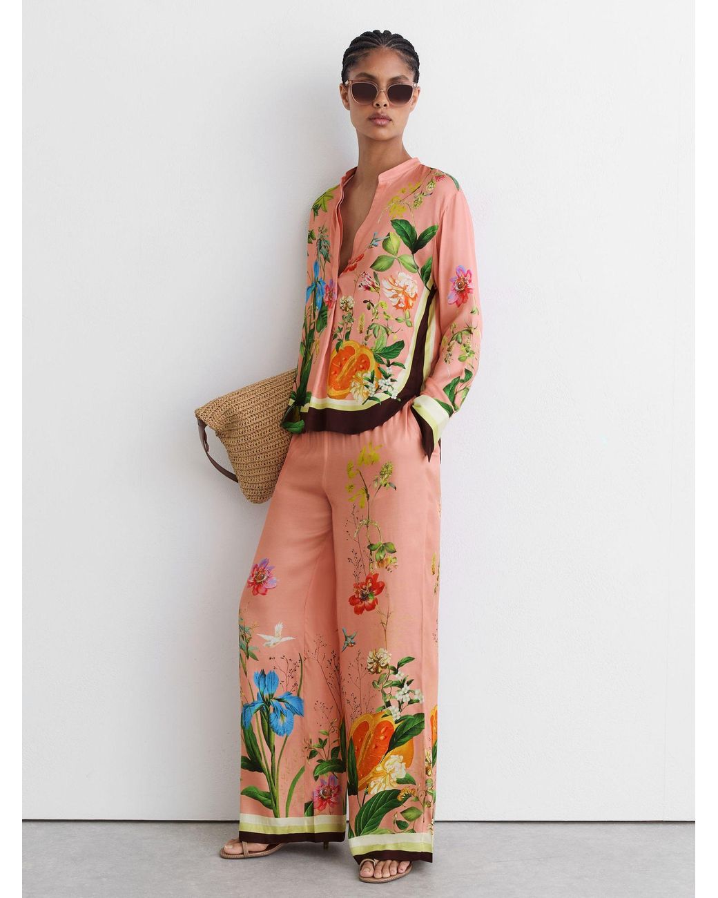 Reiss Pink Tropical Scarf-Print Half-Button Shirt