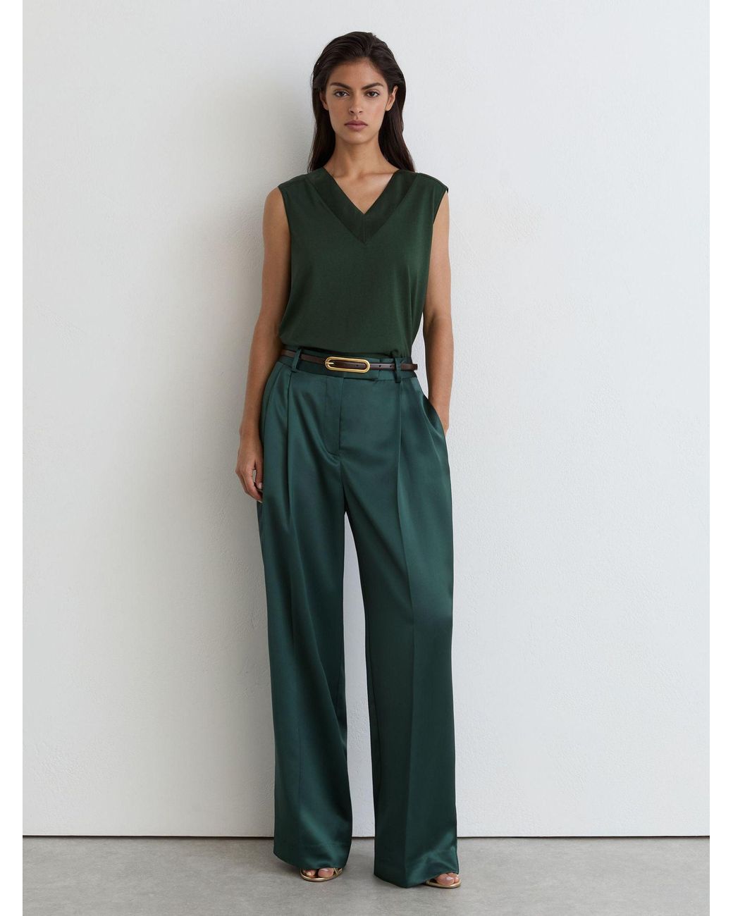 Reiss Kallie - Teal Green Cotton-modal Silk-trim Sleeveless Top, M (us 8-10)