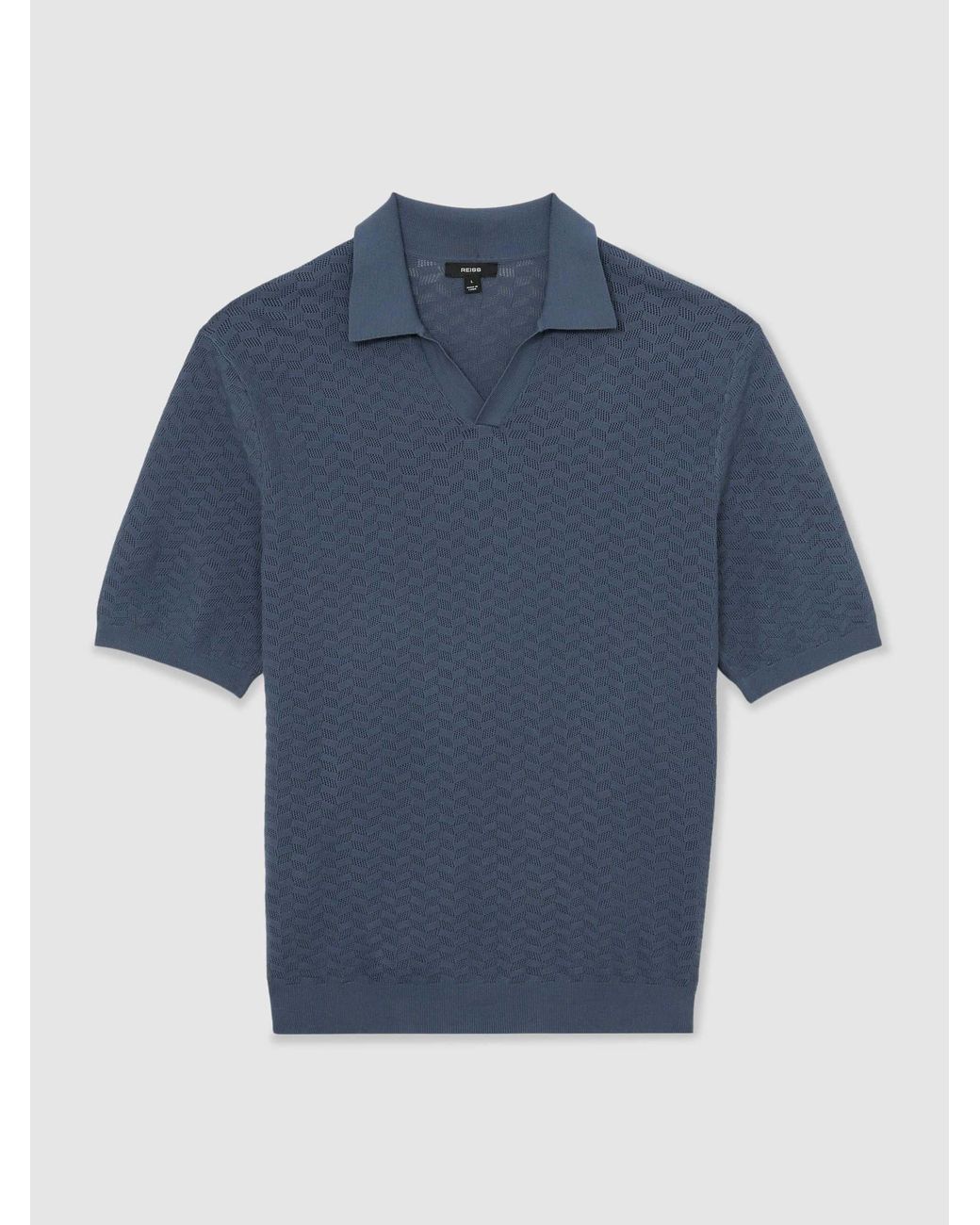 Reiss Blue Textured-Knit Open-Collar Polo Shirt for men