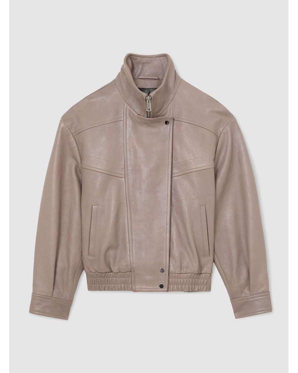 Reiss Natural Petra - Grey Petite Textured Leather Oversized Jacket, Us 8