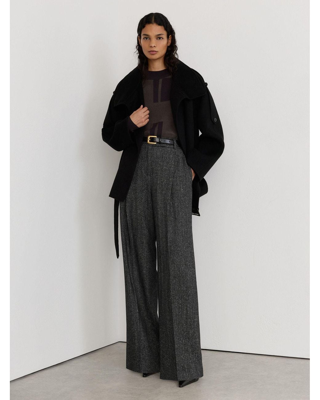 Reiss Black Wool-Silk Herringbone Wide-Leg Trousers