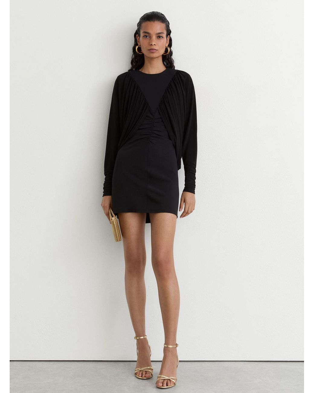 Reiss Black Draped Jersey Ruched Mini Dress