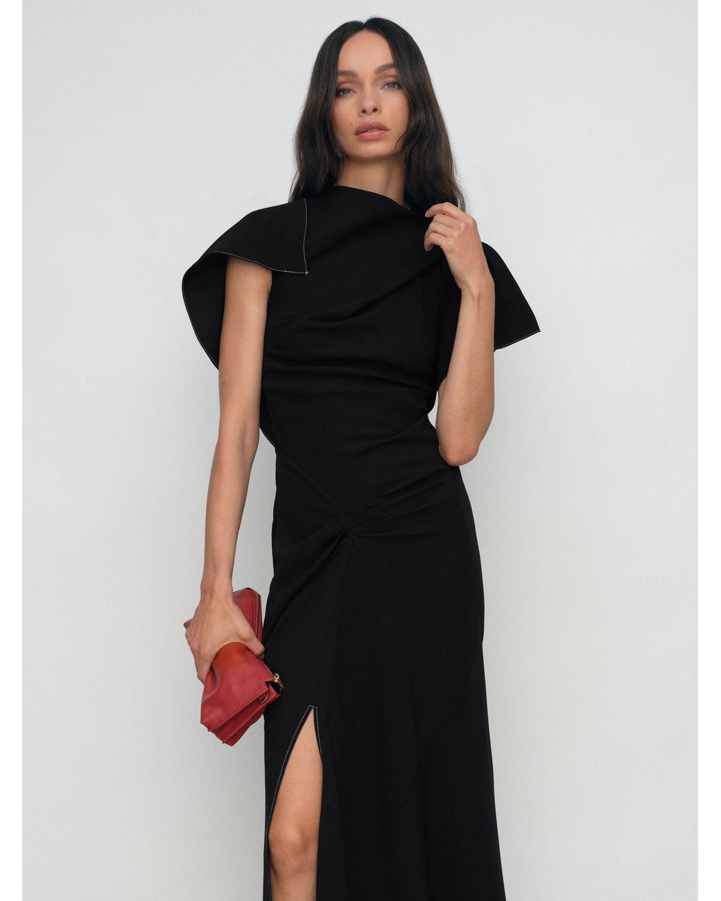 Reiss Black Asymmetric Draped Midi Dress