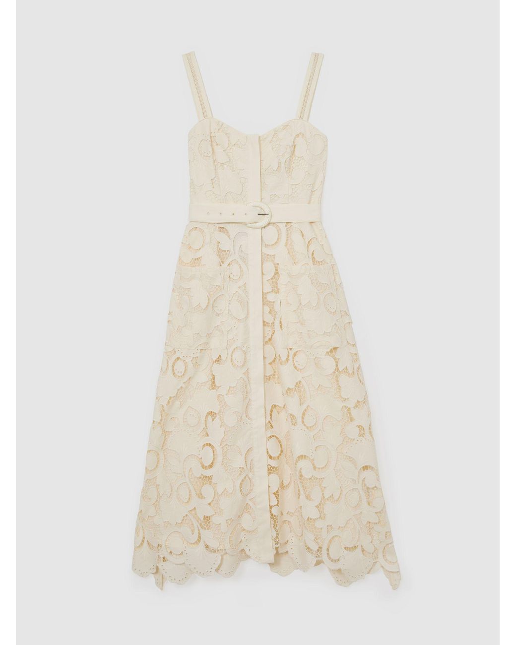 Reiss Natural Kerina - Cream Cotton-blend Lace Button-front Midi Dress, Us 0