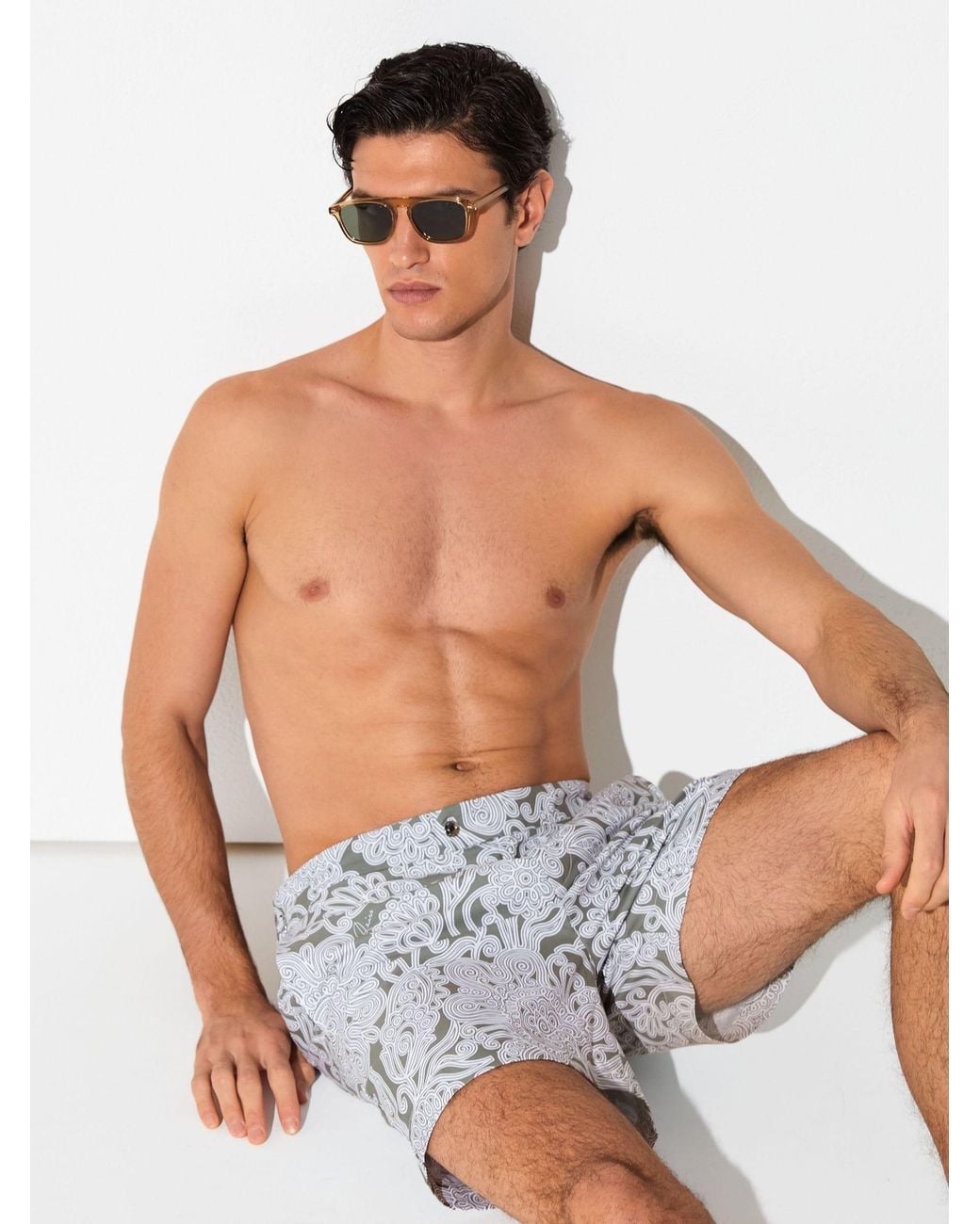 Reiss White Fallow - Sage Green Paisley-print Side-adjuster Swim Shorts, Xxl for men