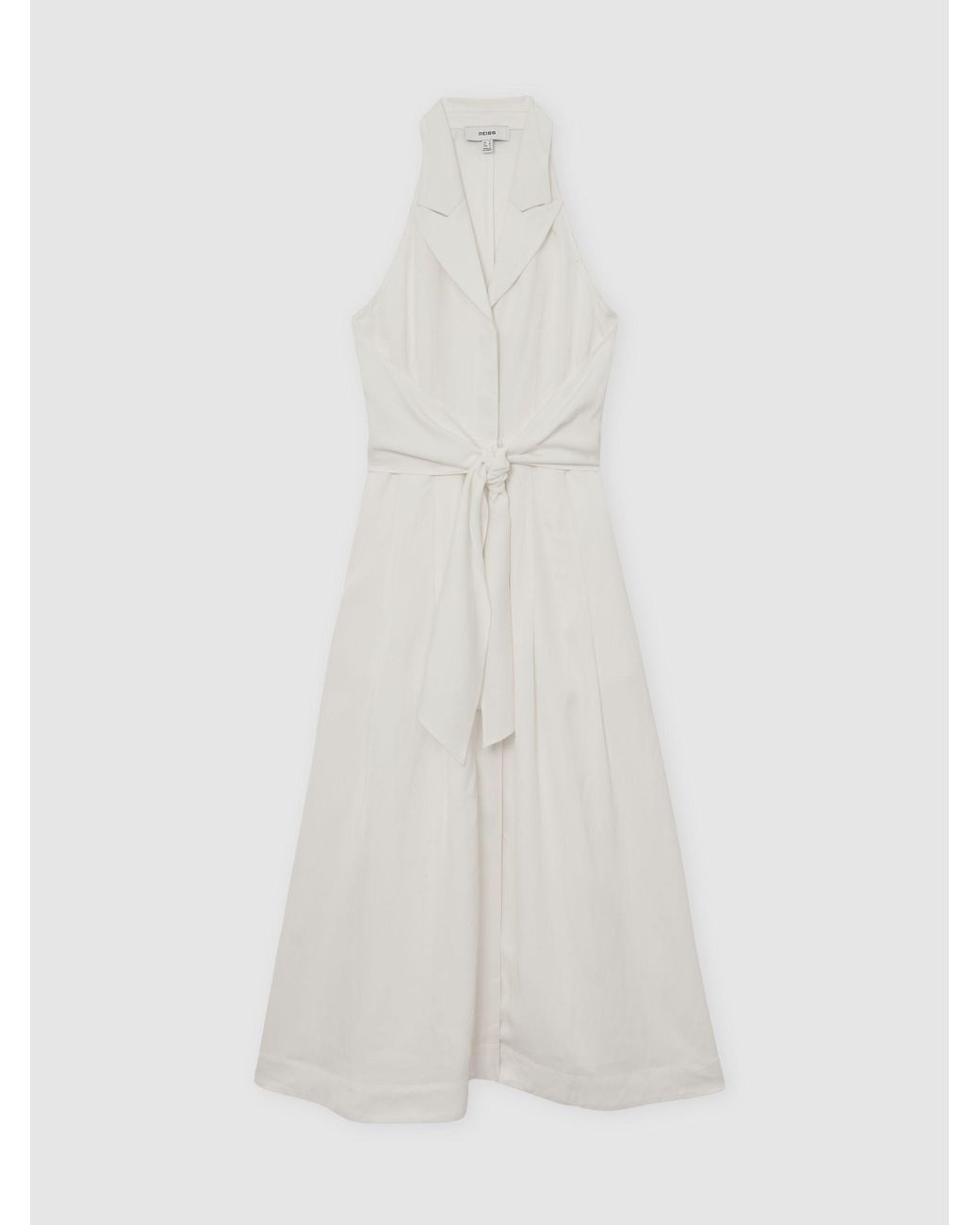 Reiss White Sleeveless Tie-Front Midi Dress With Linen