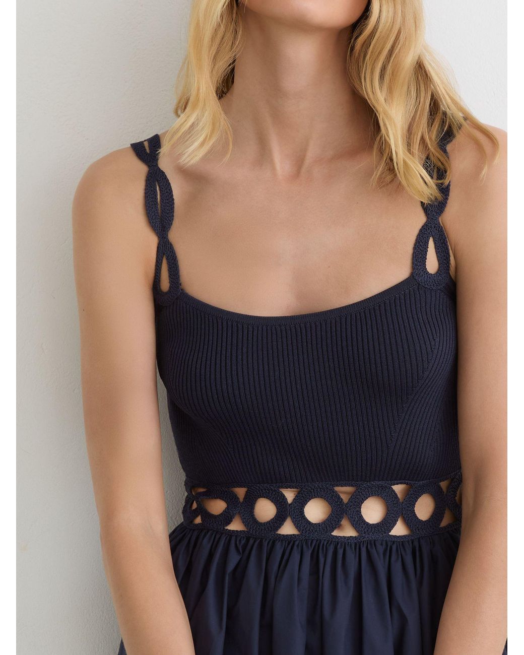 Reiss Blue Rib-Knit Woven Mix Cut-Out Midi Dress