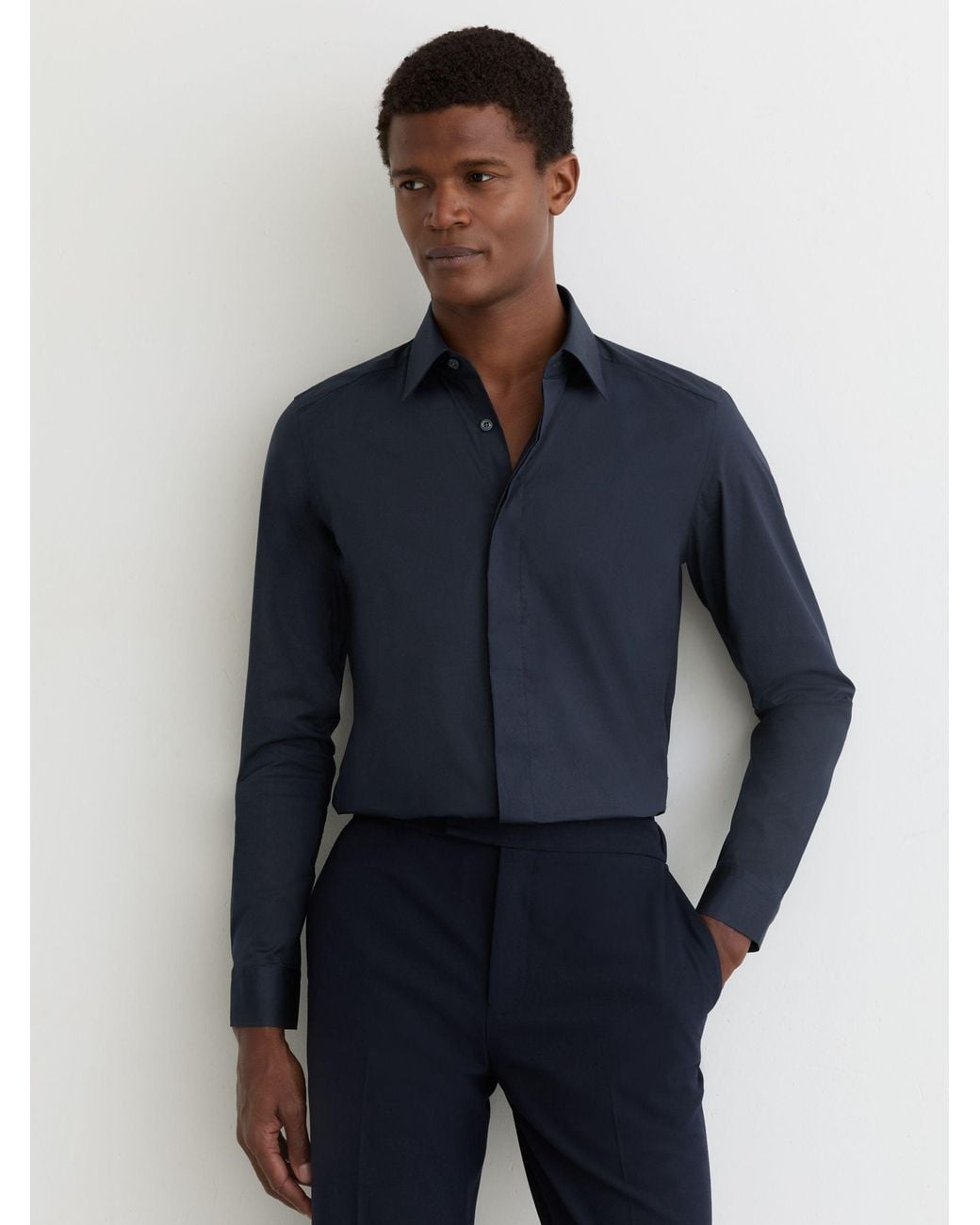 Reiss Blue Vega - Navy Stretch-cotton Concealed-placket Shirt Slim-fit, 15.5 for men