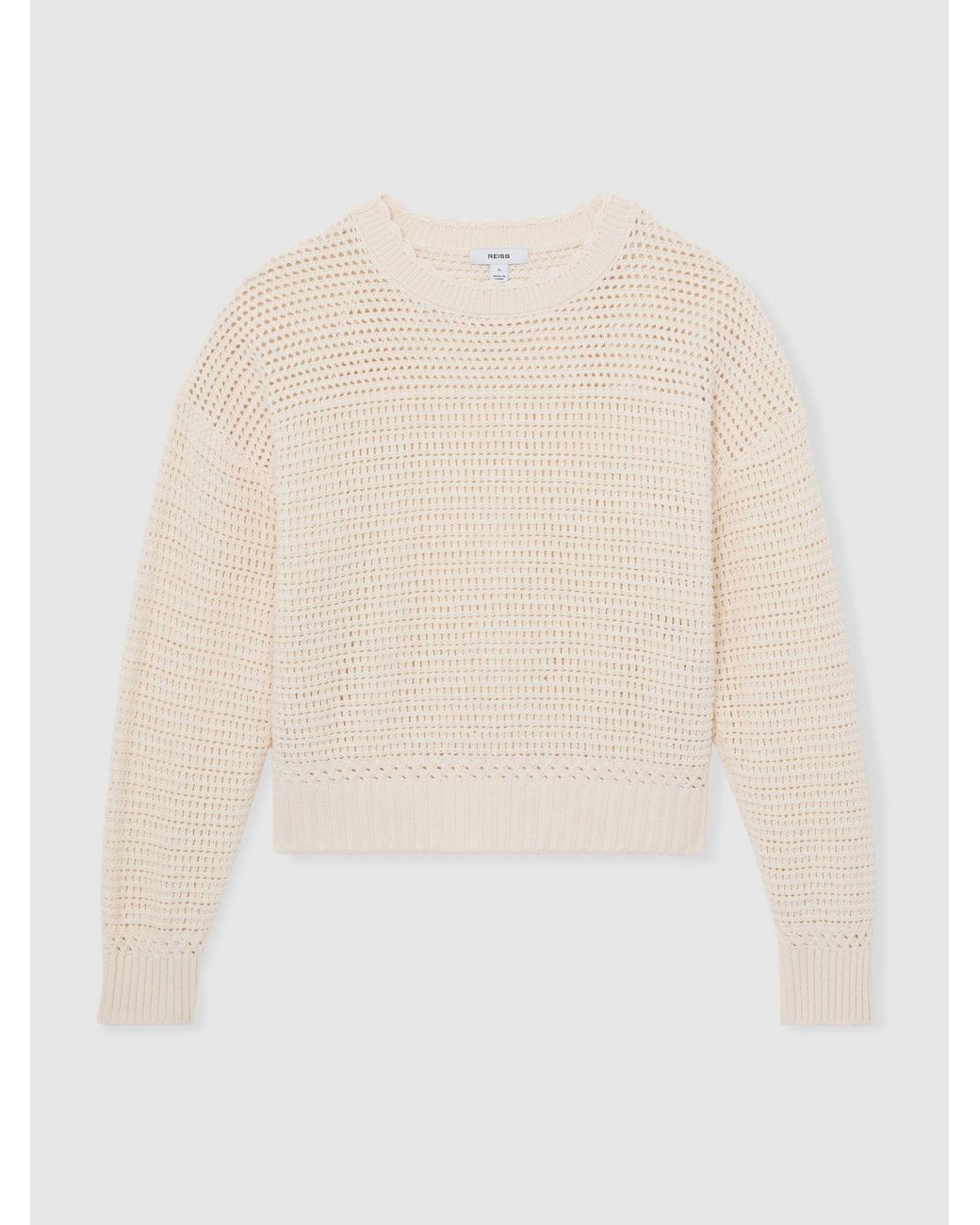 Reiss White Bonnie - Neutral Cotton Open-stitch Crew-neck Jumper, L (us 12-14)