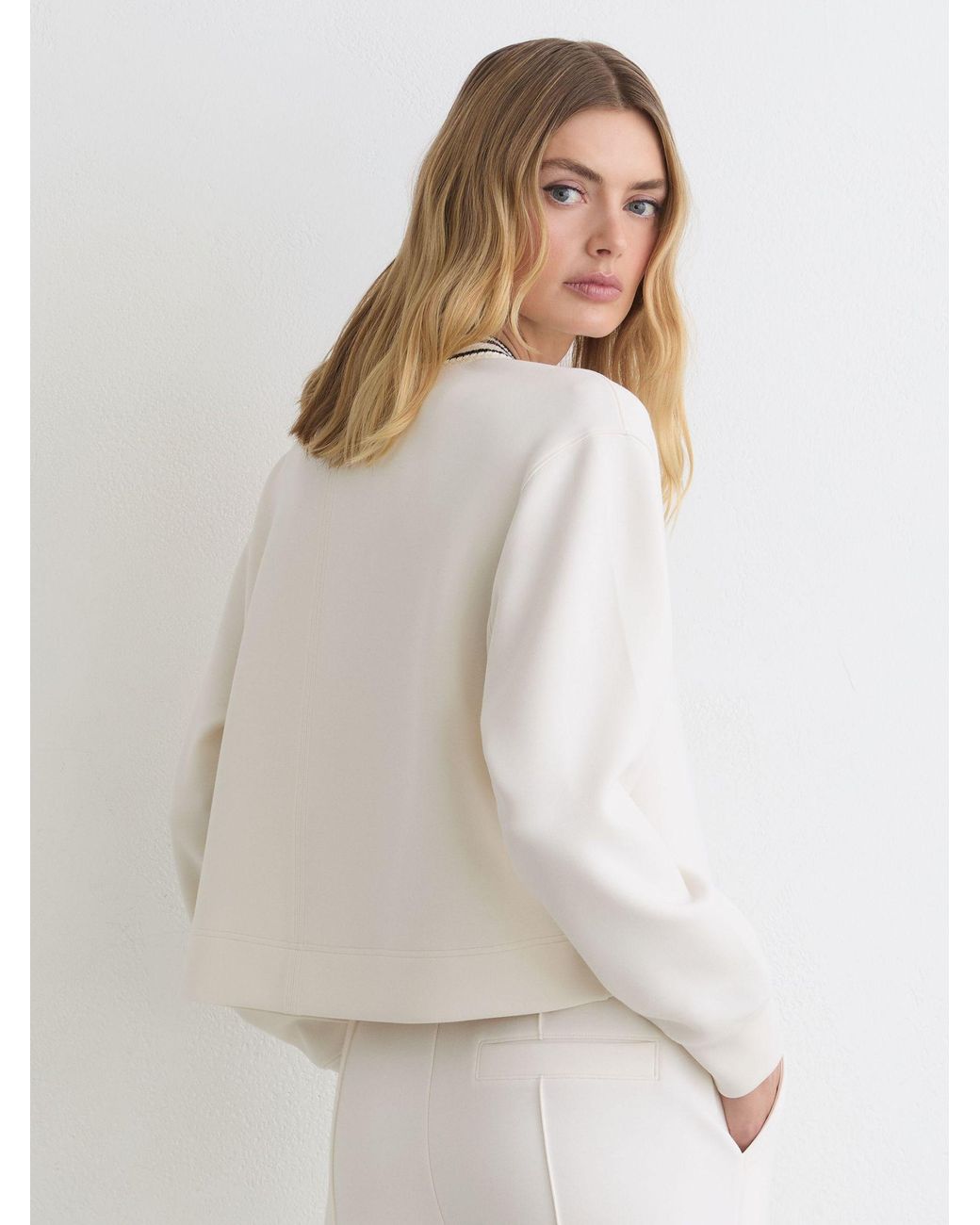 Reiss White Premium Interlock Tipped Cropped Sweatshirt