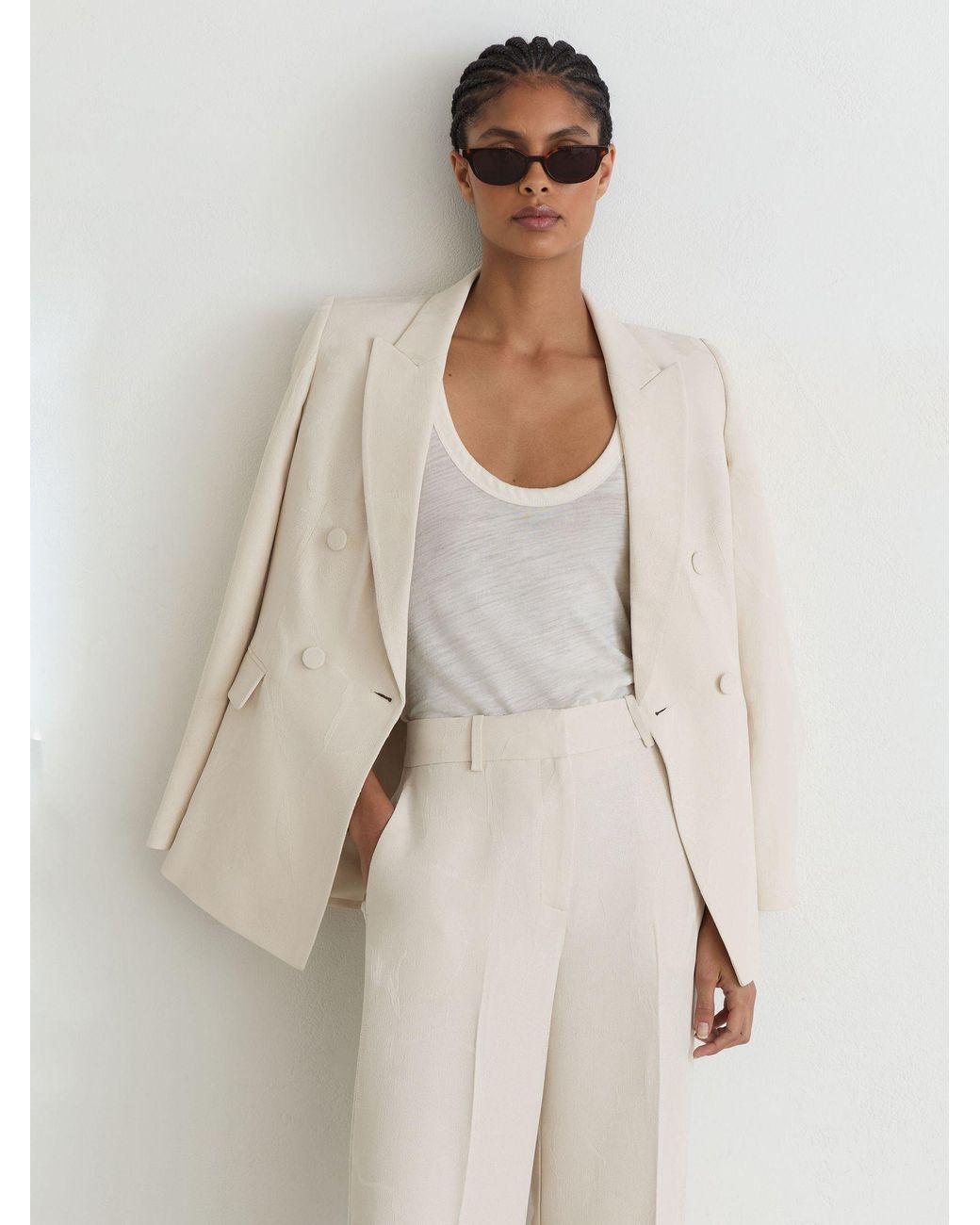 Reiss Natural Petite Jacquard Wide-Leg Suit Trousers