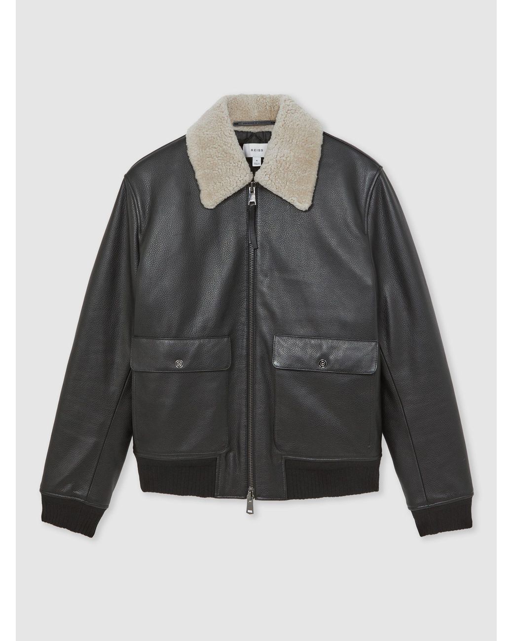 Reiss Gray Leather Shearling-Collar Bomber Jacket for men