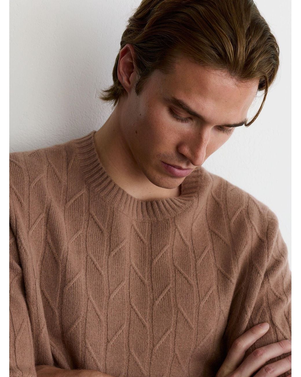 Reiss Brown Wool Twisted-Cable Crew-Neck Jumper for men