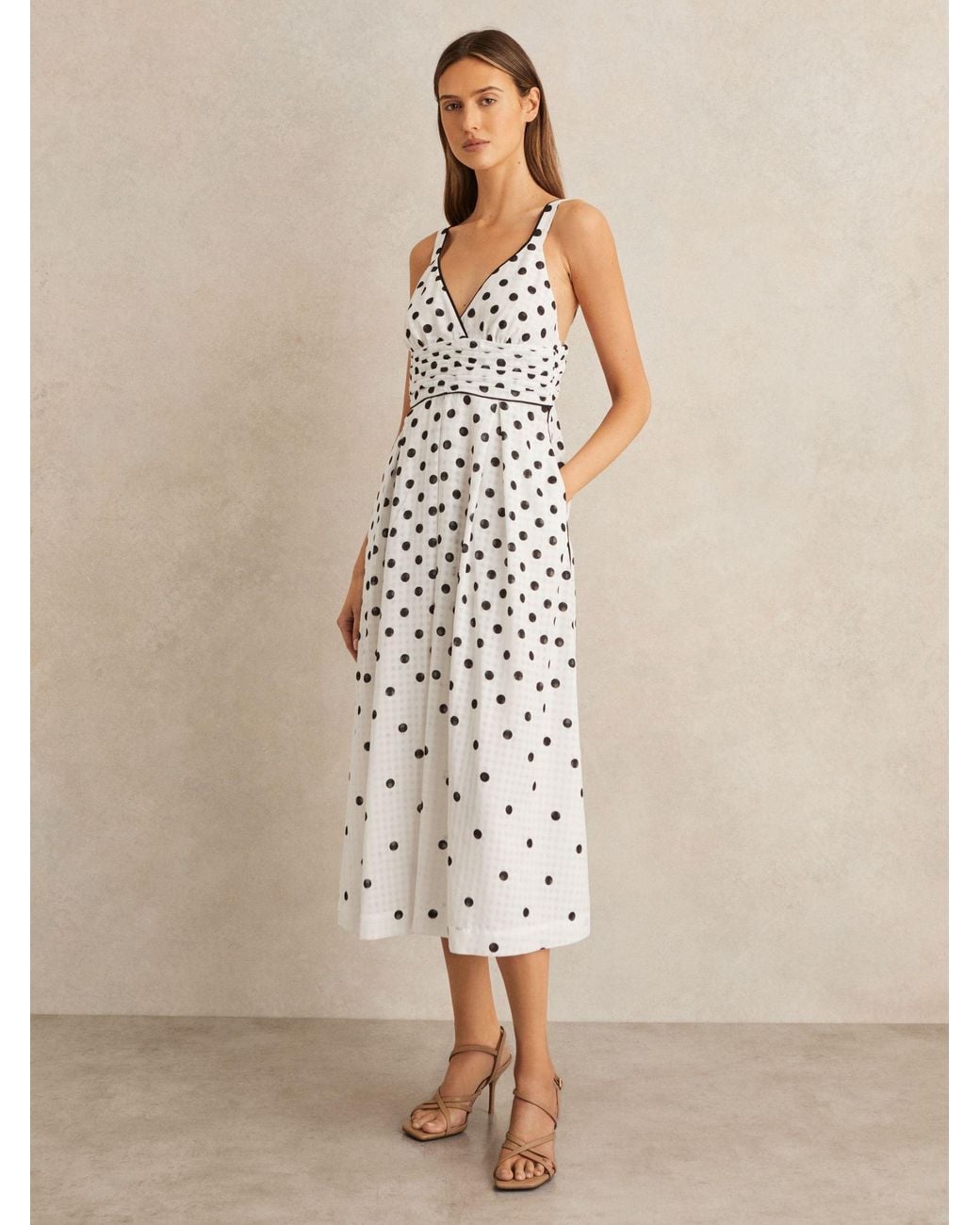 Reiss Natural Dottie - Black/white Polka Dot Midi Dress, Us 14