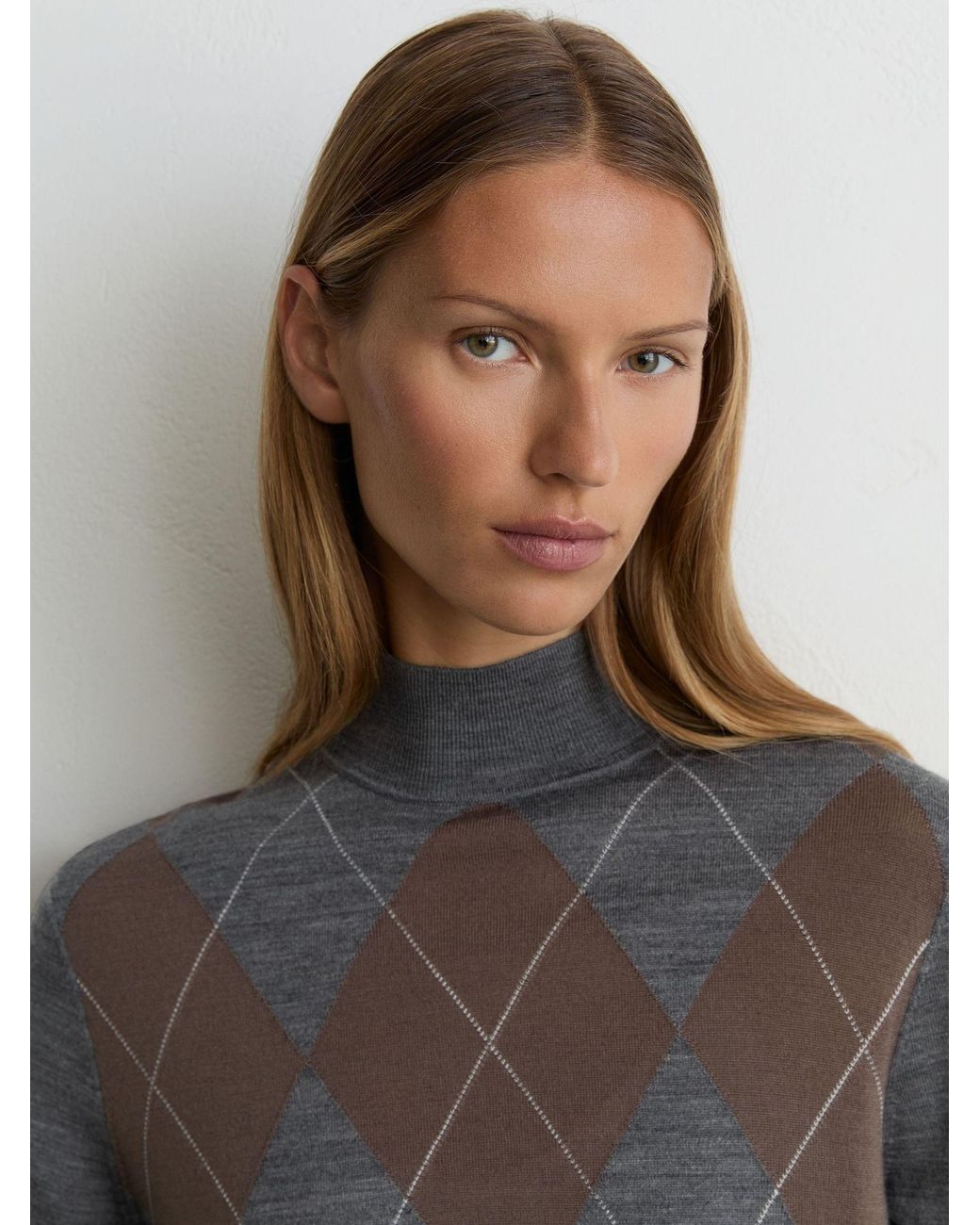 Reiss Gray Ultra-Soft Merino Wool Argyle Funnel-Neck Jumper