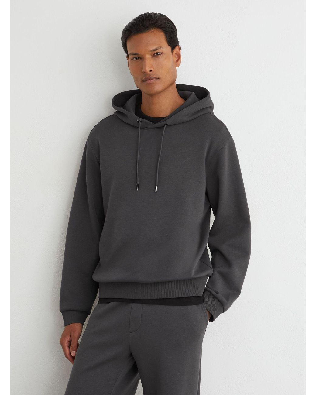 Reiss Black Falco - Charcoal Grey Sueded Interlock Jersey Relaxed-fit Hoodie, S for men
