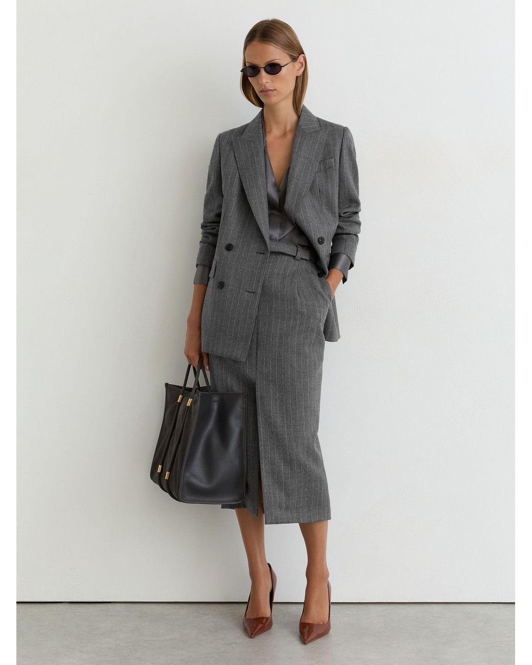 Reiss Gray Petite Wool Pinstripe Belted Pencil Skirt