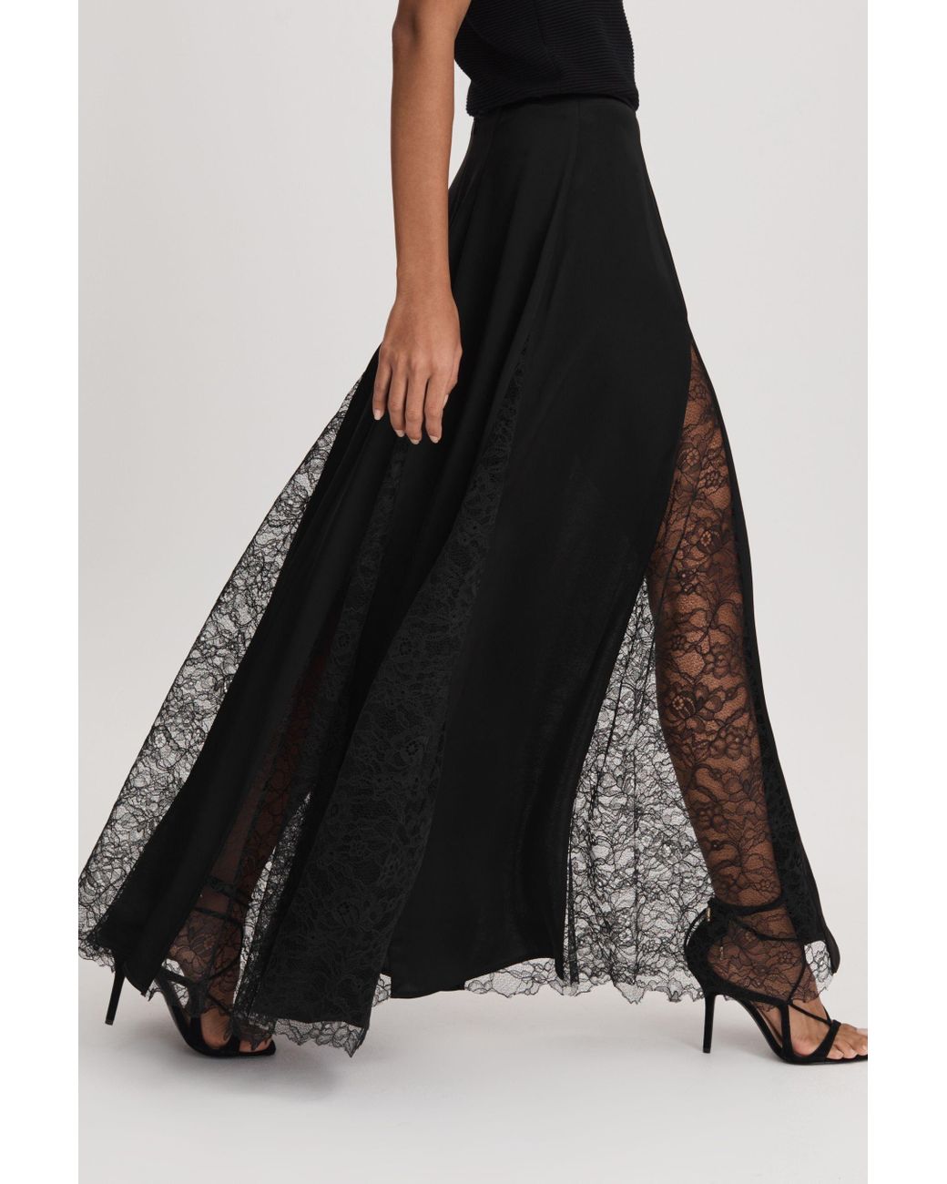 Black satin lace skirt online