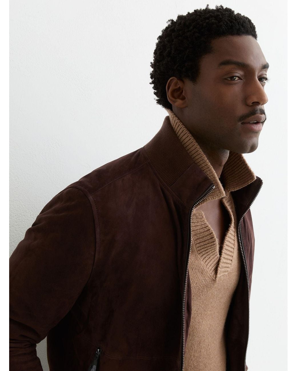 Reiss Brown Suede Zip-Through Funnel-Neck Jacket for men