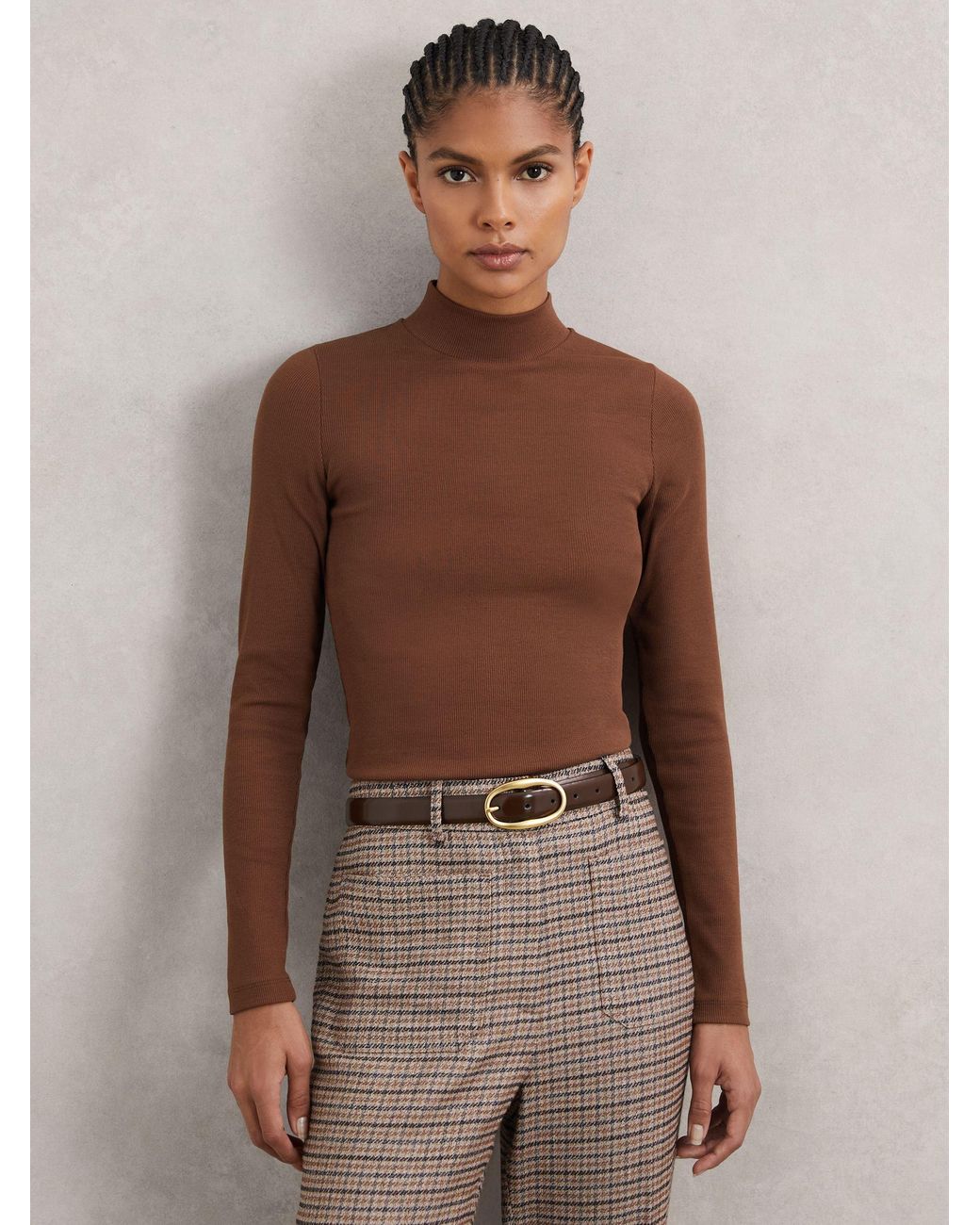 Reiss Brown Stretch-Cotton Funnel-Neck Top