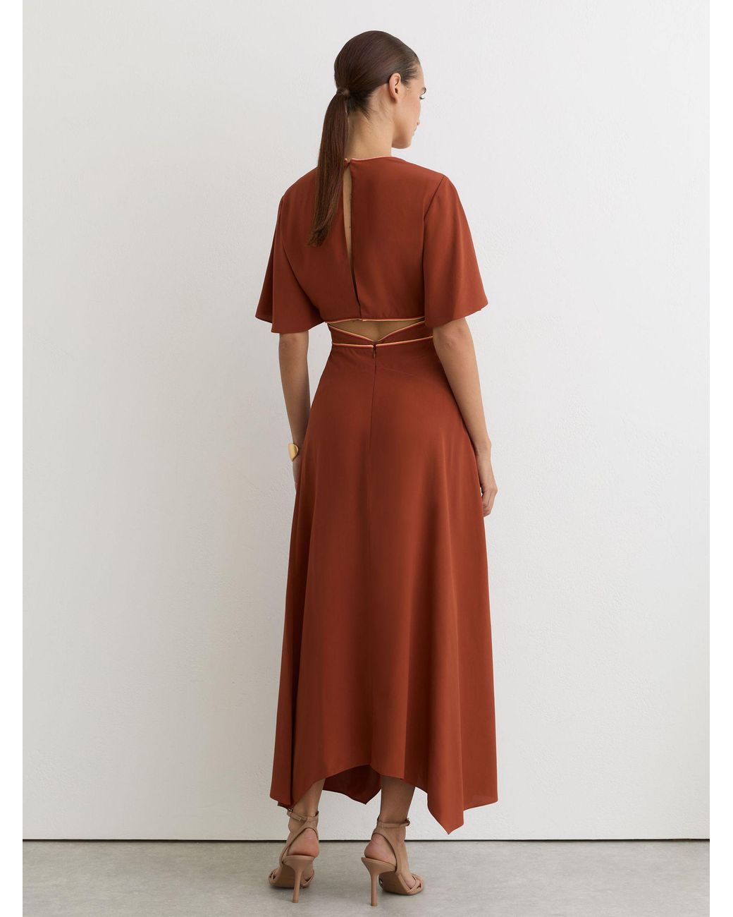 Reiss Brown Piped-Trim Cut-Out Midi Dress