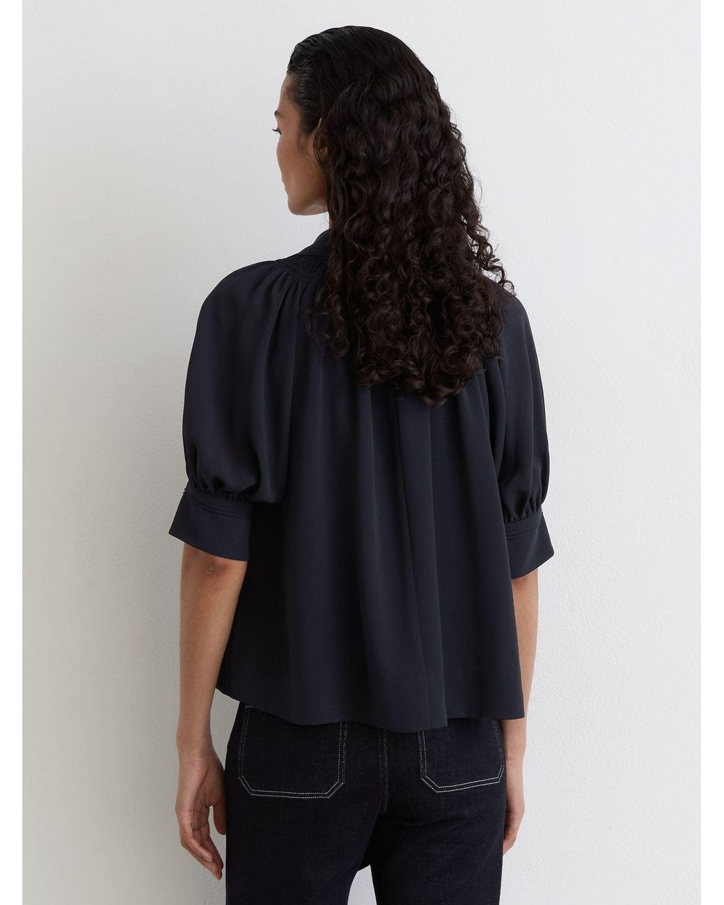 Reiss Blue Tie-Neck Short-Sleeve Blouse