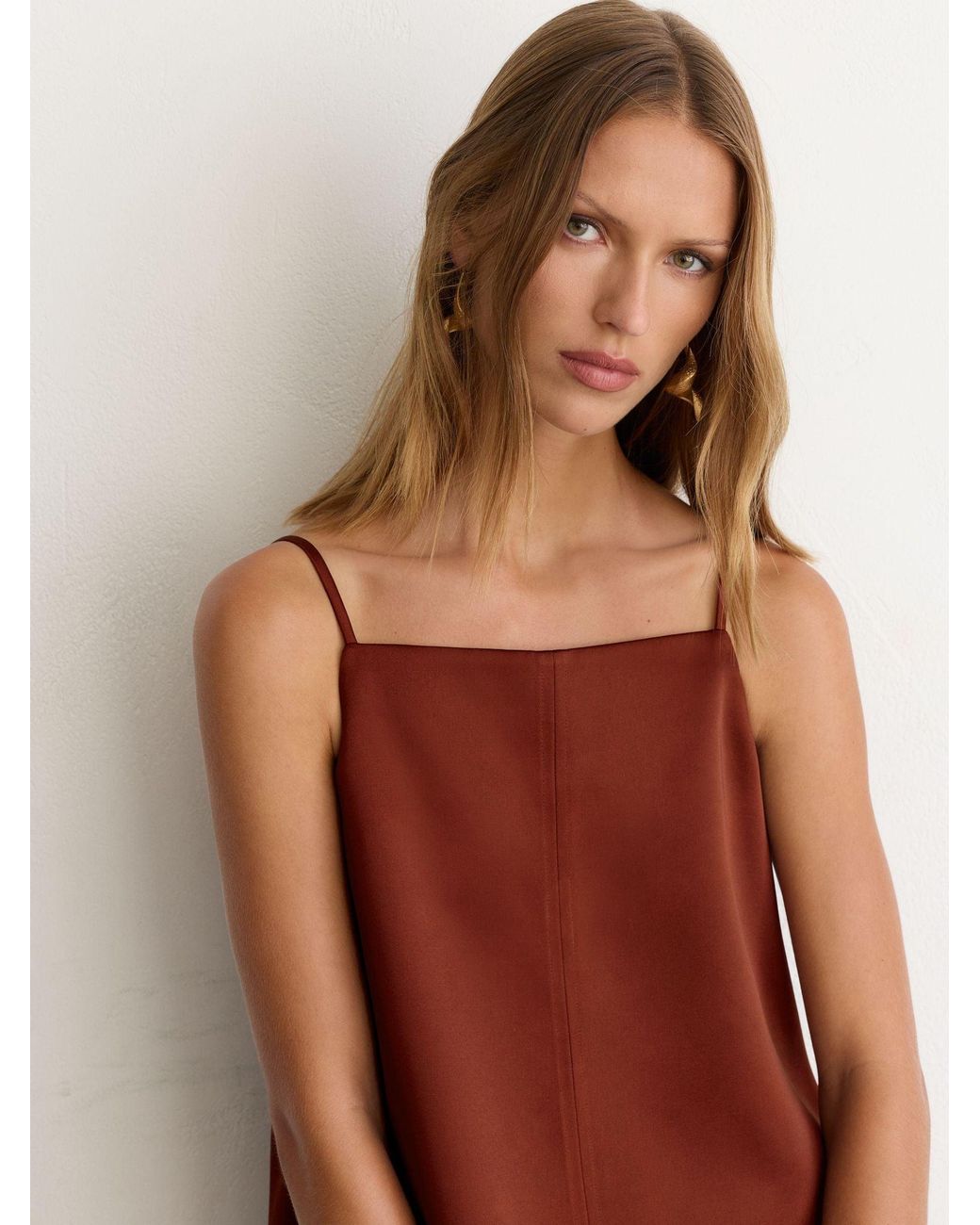 Reiss Brown Satin Structured Drape-Back Top