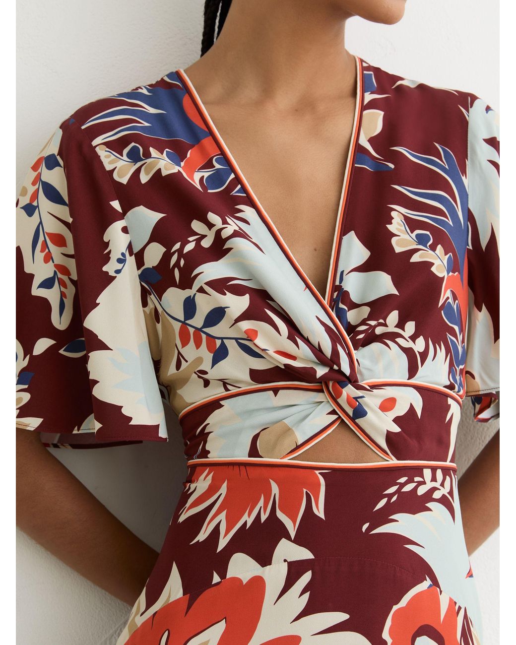 Reiss White Floral-Print Cut-Out Midi Dress