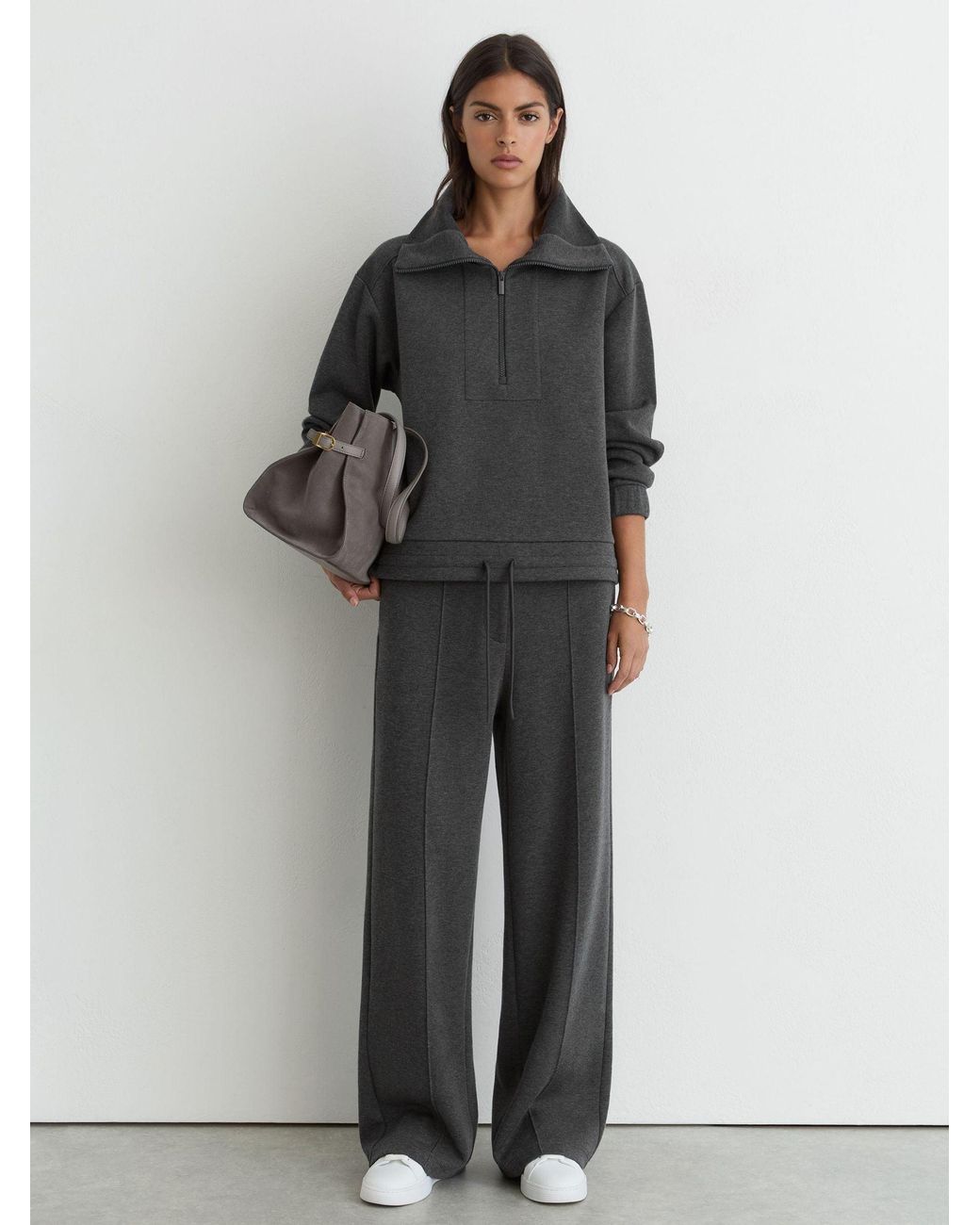 Reiss Black Layla - Charcoal Grey Marl Lyocell-wool Half-zip Sweatshirt, L (us 12-14)