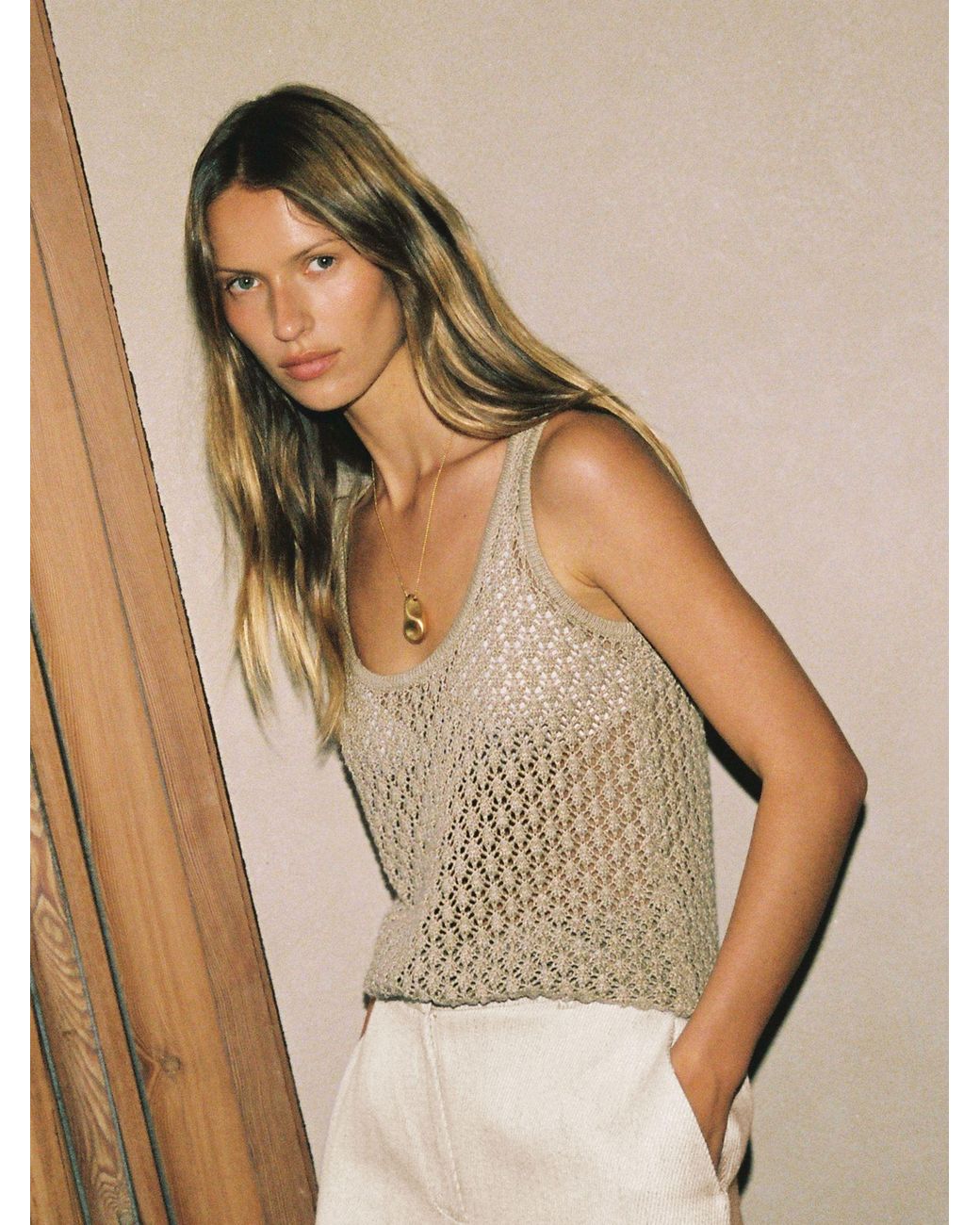Reiss Green Colette - Neutral Linen Open-stitch Knitted Vest, Xs (us 2)
