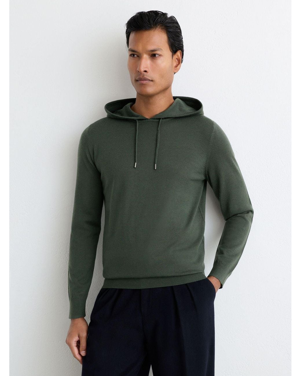 Reiss Green Merino Wool Drawstring Hoodie for men