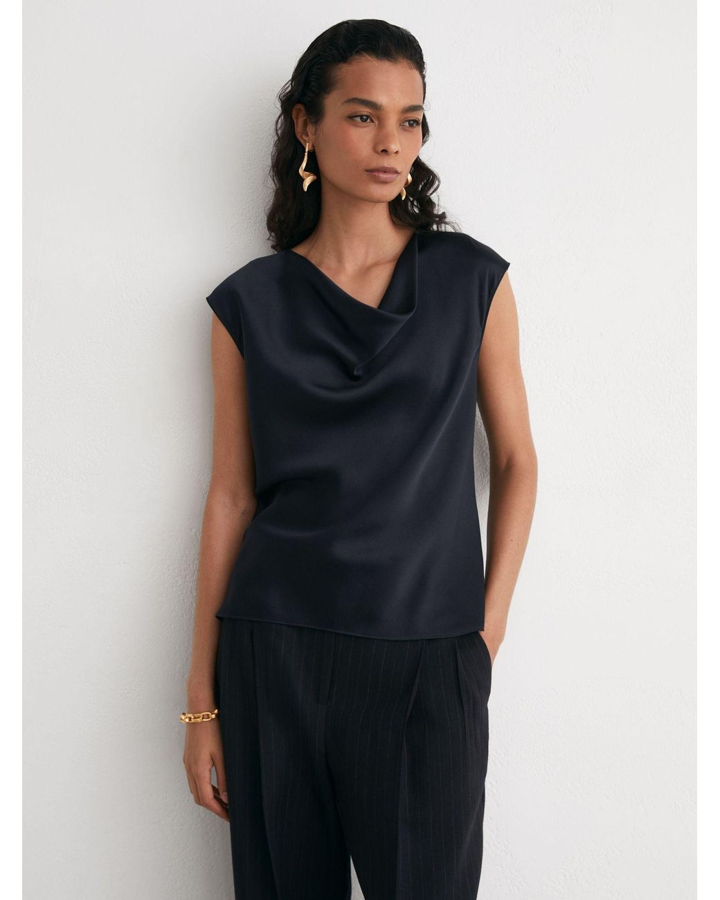 Reiss Black Silk Cowl-Neck Sleeveless Top