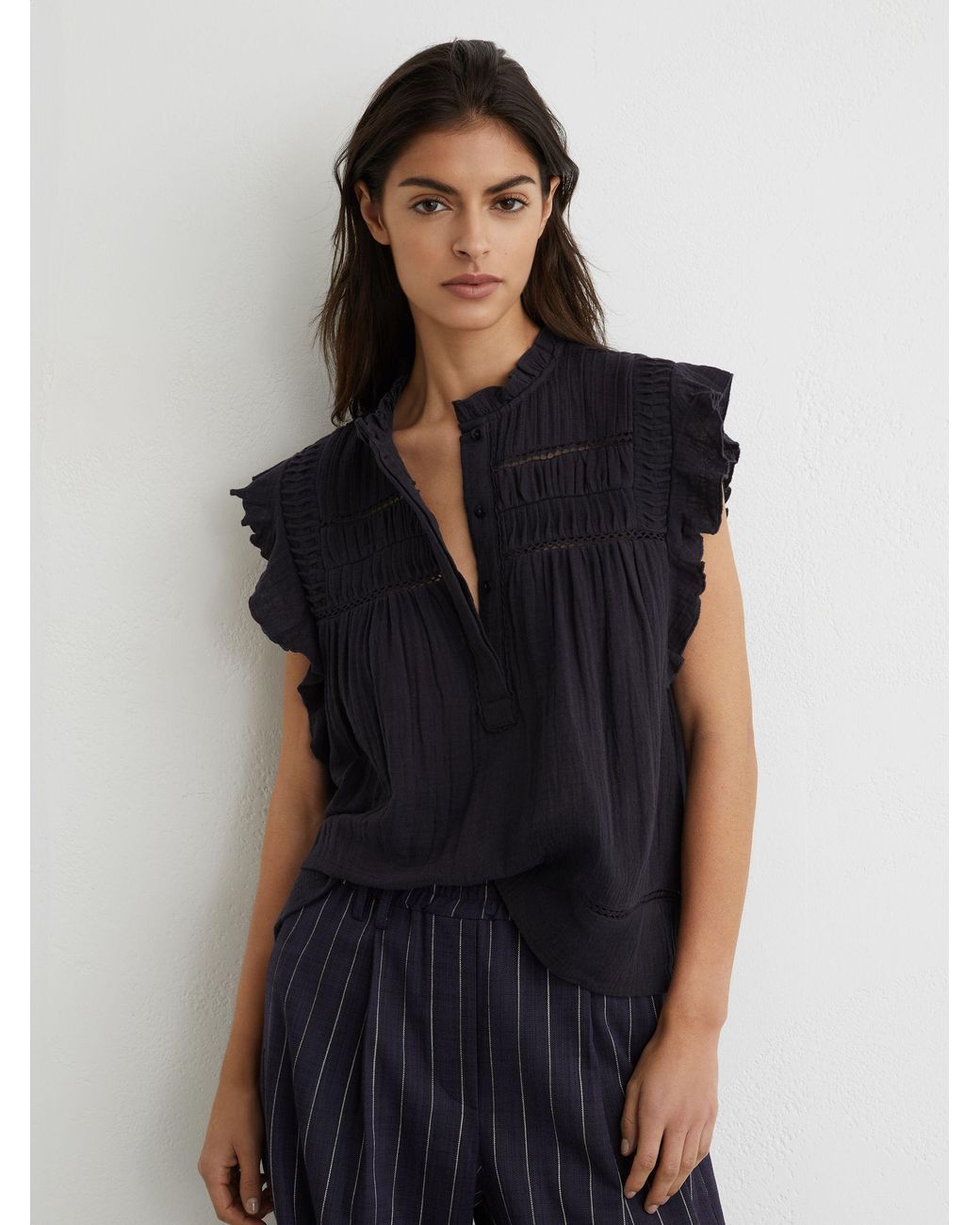 Reiss Blue Florie - Navy Cotton Cheesecloth Sleeveless Top, Us 12